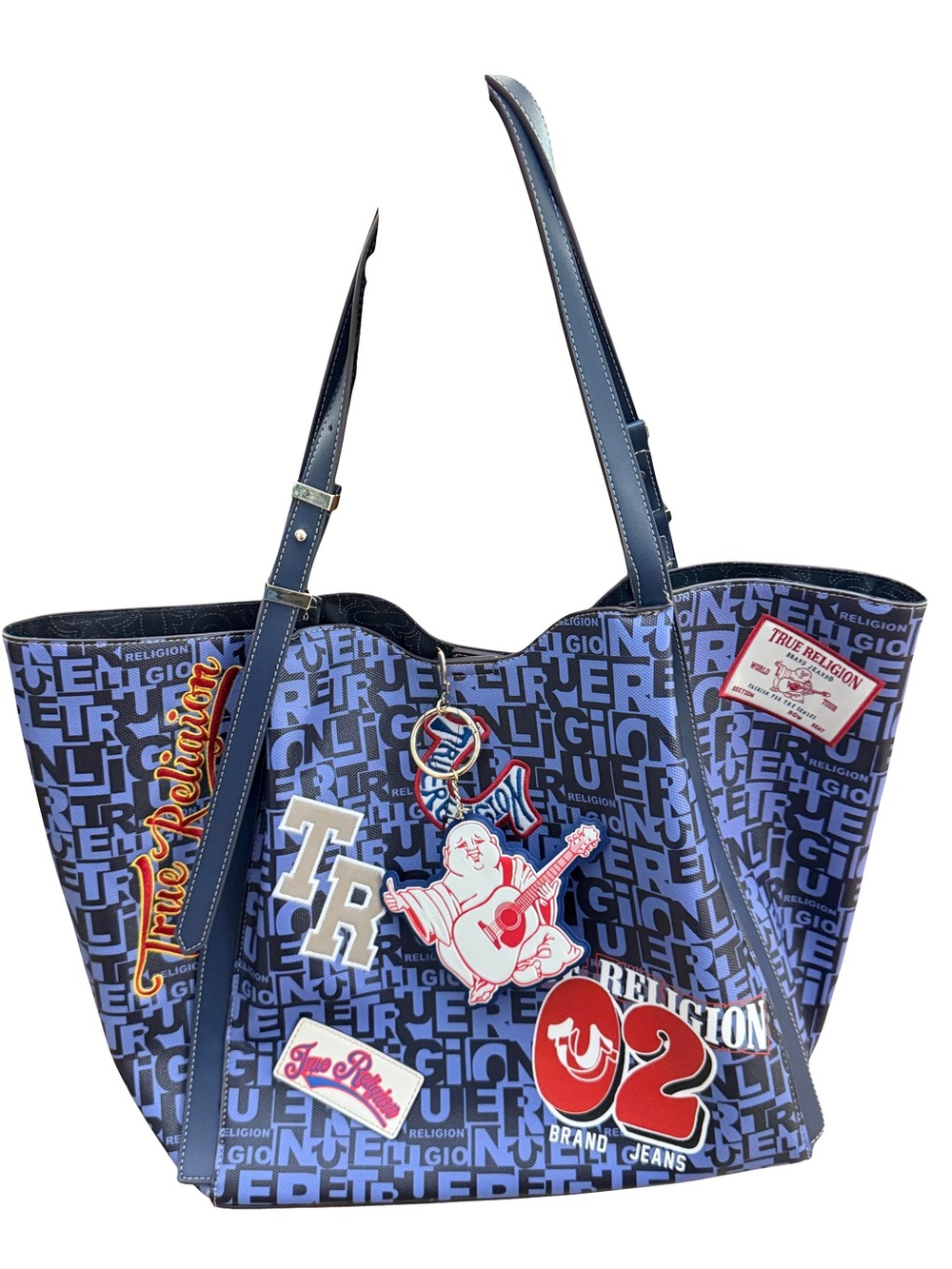 True Religion Navy Blue Logo Patchwork Tote